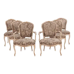 A Set of Six Painted and Giltwood French Upholstered Dining Chairs in the Louis XV Style Circa 1900.