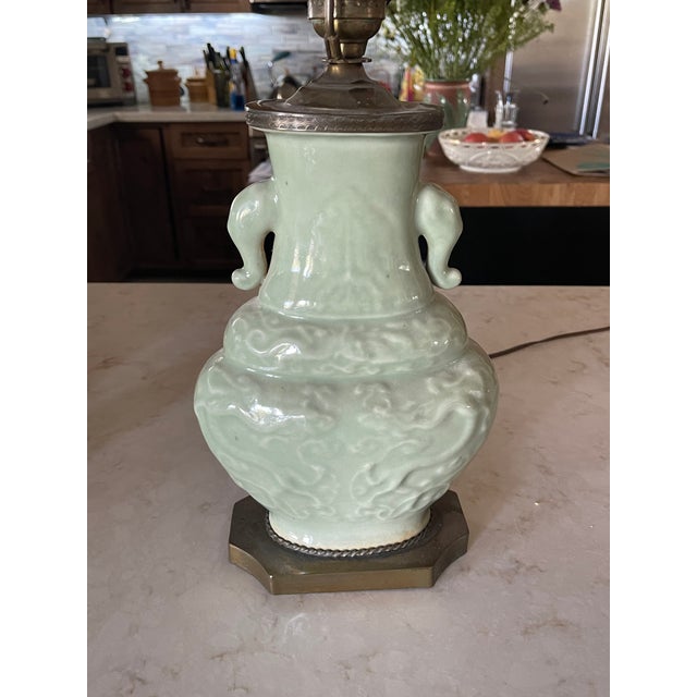 Japanese Antique Japanese Celadon Elephant Lamp With Rh Silk Shade For Sale - Image 3 of 6