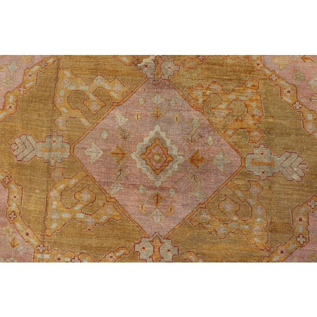 Squared Shape Antique Oushak Rug in Green, Marigold, Cream and Pink Color For Sale - Image 11 of 17
