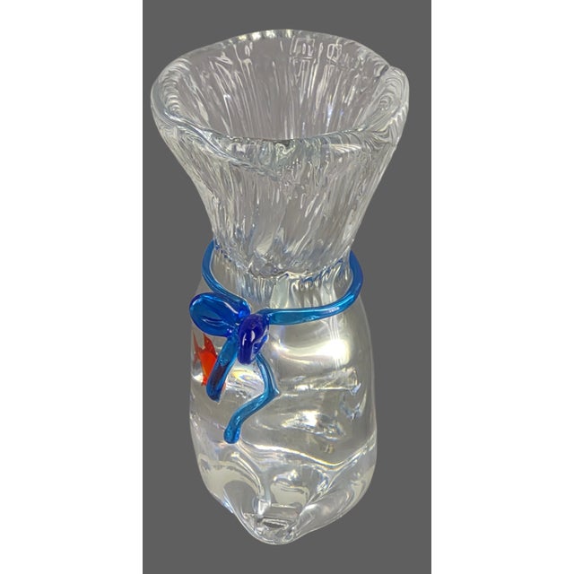 Late 20th Century Vintage Murano Fish Inside Bag Blue Ribbon Art Glass Paperweight Trinket Holder Desk Art Original Label For Sale - Image 5 of 11