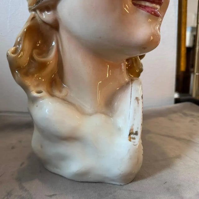 1950s Mid-Century Modern Policrome Ceramic Bust of the Blindfolded Goddess For Sale - Image 6 of 10