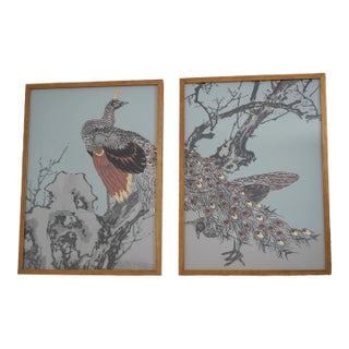 Pair Gold Framed Modern Design Peacock Prints For Sale