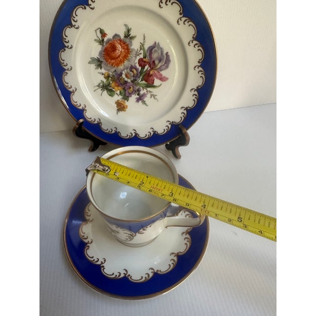 Vintage 1950's Kunst Hummendorf Kronack Bavaria Germany Porcelain Tea Set Trio Cobalt Blue Gold Tea Cup Saucer Dessert Plate For Sale - Image 13 of 18