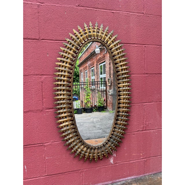 1950s Large Spanish 1950's Oval Gilt Metal Sunburst Mirror For Sale - Image 5 of 12