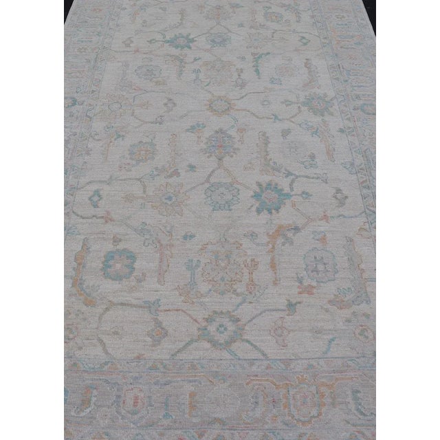 Modern Afghan Oushak Rug in Muted Ivory, Light Blue, and Peach Accents 6'2 X11'9 For Sale - Image 4 of 10
