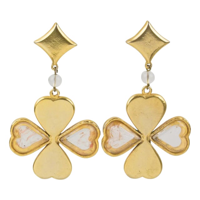 Kenzo Gilded Metal and Acrylic Four-Leaf Clover Dangle Clip-on Earrings For Sale