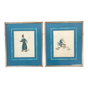 Two Antique Hand Colored Engravings, “Man in Bell Hat” and “An Old Man Polishing Crystals”