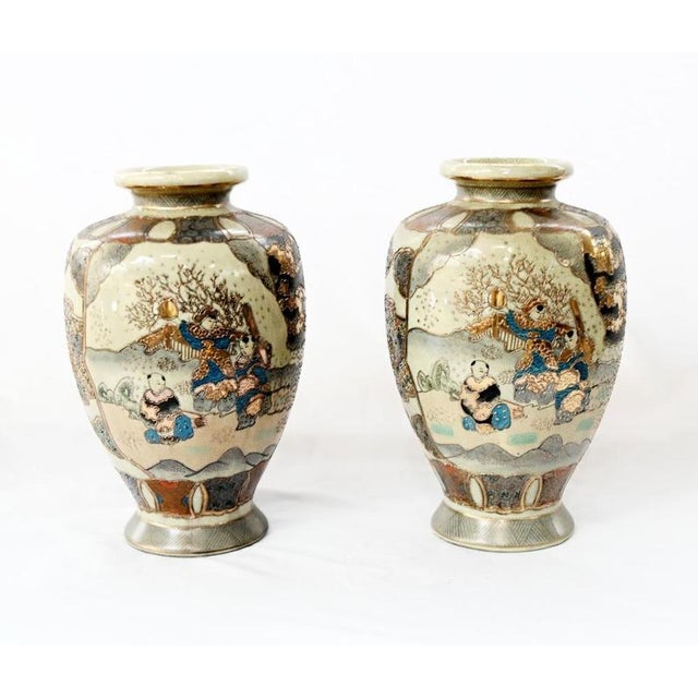 Ceramic Japanese Satsuma Vases with Figural Decoration, Set of 2 For Sale - Image 7 of 7