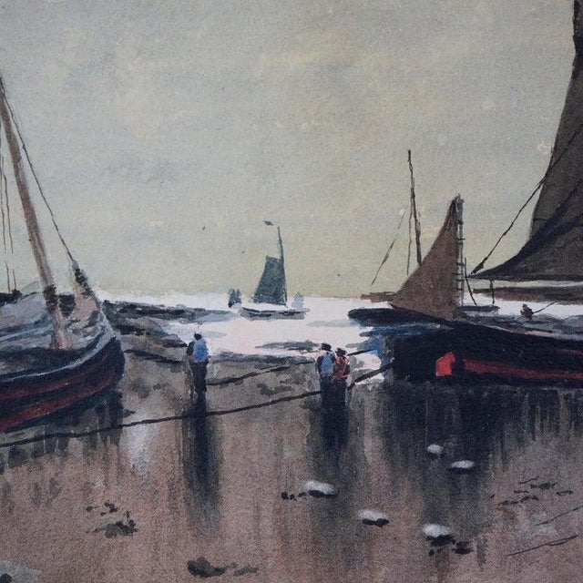 Realism Antique Watercolor Seascape Painting With Fishing Boats & Figures by Fww, 19th C For Sale - Image 3 of 7