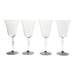 1950s Vintage Ruby Red Footed Star Flower Etched Optic Wine Glasses - Set of 4 For Sale