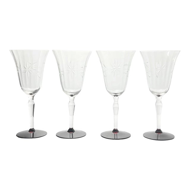 1950s Vintage Ruby Red Footed Star Flower Etched Optic Wine Glasses - Set of 4 For Sale