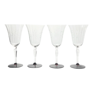 1950s Vintage Ruby Red Footed Star Flower Etched Optic Wine Glasses - Set of 4