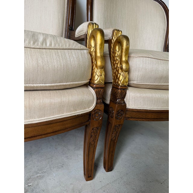 Vintage French Empire Style Swan Armchairs With Gilded Carved Arms – A Pair For Sale - Image 10 of 12