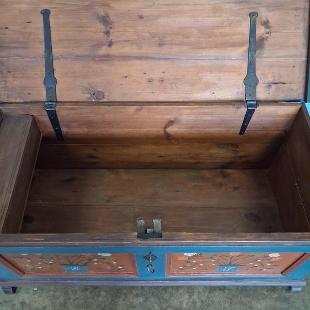 Antique Hand-Painted Folk Art Chest in Blue and Red, 1841 For Sale - Image 13 of 18