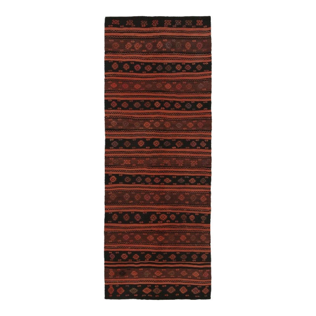 Vintage Gallery-Sized Kilim in Orange and Black Stripes and Tribal Patterns For Sale