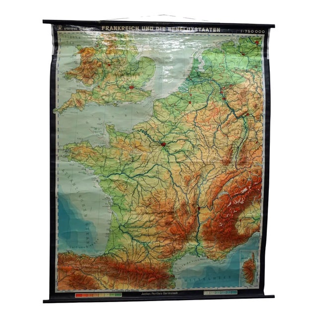 Vintage France Benelux Countries, South England Rollable Map Wall Chart For Sale