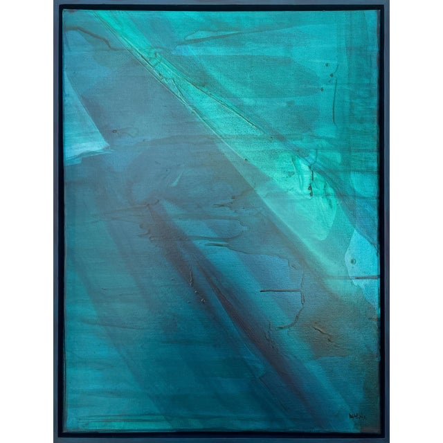 Wood Modern Organic Coastal Diptych Painting in Turquoise & Deep Teal by Stacey Warnix For Sale - Image 7 of 8