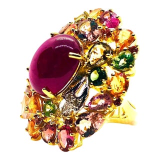 Bochic “Orient” Vintage Ruby, Diamond & Multi Sapphire Ring Set In 18K Gold & Silver For Sale