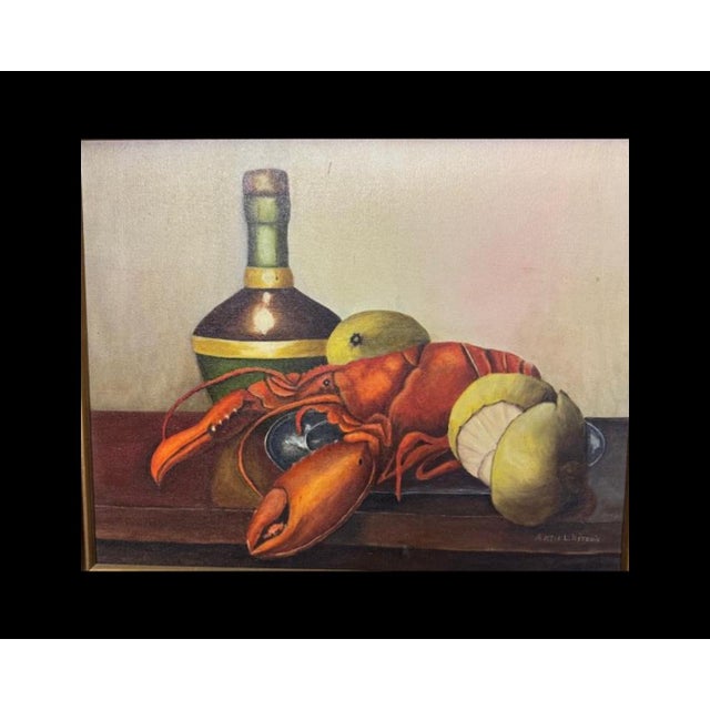 Still Life Original Oil on Canvas Lobster Dinner Painting Signed Artie L. Ritchie. Stretched canvas set in wooden frame...
