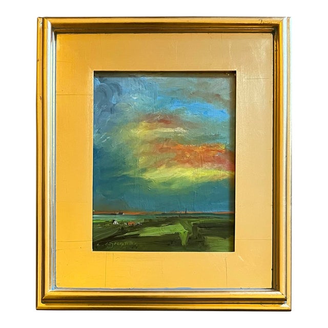 Oil Painting of Sun Reflecting Through Clouds and Setting Over Landscape For Sale