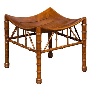 English 1920s Walnut Egyptian Revival Thebes Stool with Faux Bamboo Legs For Sale