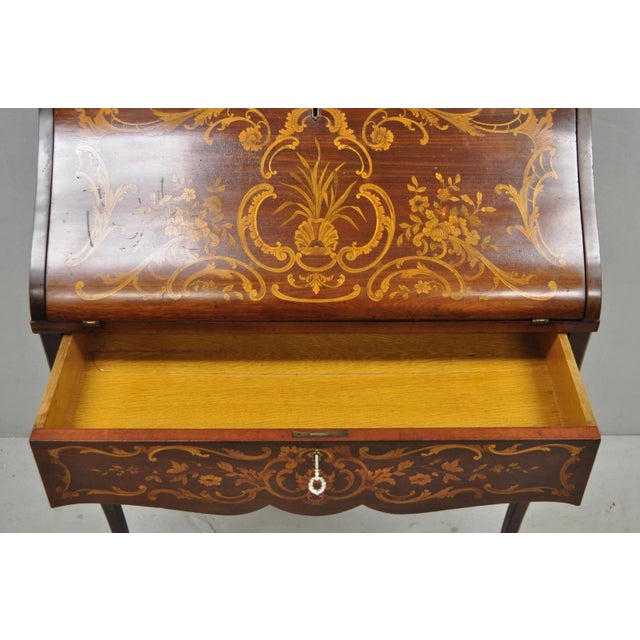 Early 20th Century Antique French Louis XV Style Marquetry Inlaid Drop Front Ladies Writing Desk For Sale - Image 5 of 18