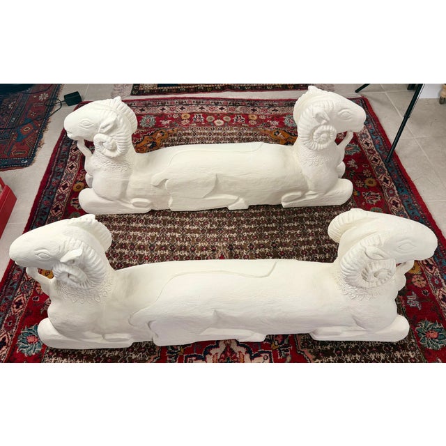 Traditional Egyptian Revival Two Headed Ram Carved Wood Sculptures Covered in White Plaster - A Pair For Sale - Image 3 of 5