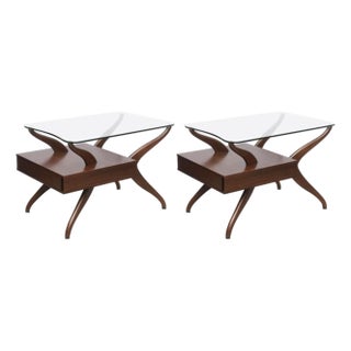 Pair of End Tables in Glass and Walnut, 1950s, Usa For Sale