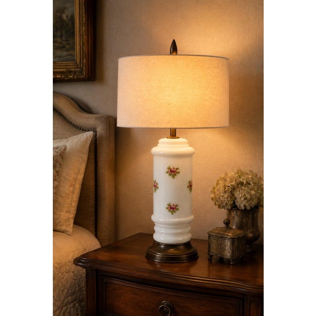 Shabby Chic Vintage Floral Milk Glass Table Lamp With Aged Bronze Finish and Linen Shade For Sale - Image 3 of 3