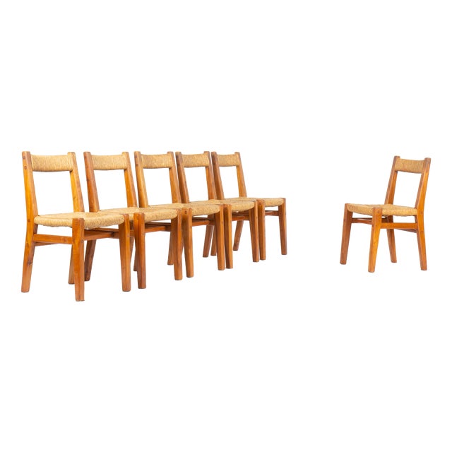 Chairs by Charles Flandre in Elm and Woven Straw, France, 1950s, Set of 6 For Sale