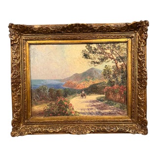 Antique Landscape Painting Signed Sea Dushesye, Pathway by the Water With Horse and Carriage For Sale
