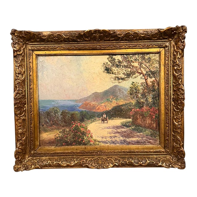 Antique Landscape Painting Signed Sea Dushesye, Pathway by the Water With Horse and Carriage For Sale