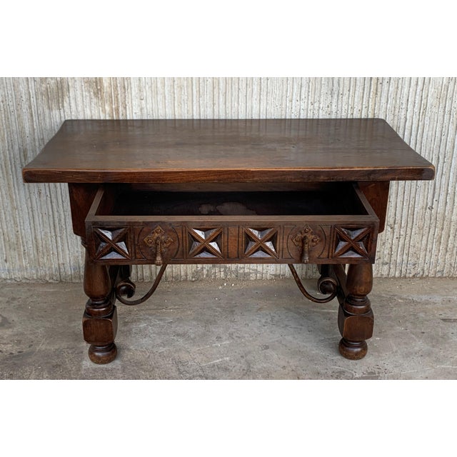 20th Century Spanish Carved Table with Iron Stretchers and Drawer For Sale - Image 4 of 18
