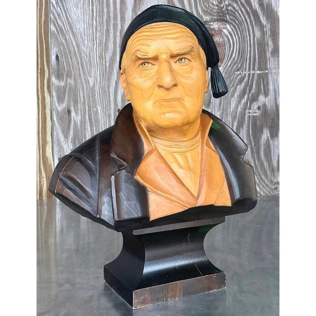 Vintage Boho Carved Wood Bust of Man For Sale In West Palm - Image 6 of 8