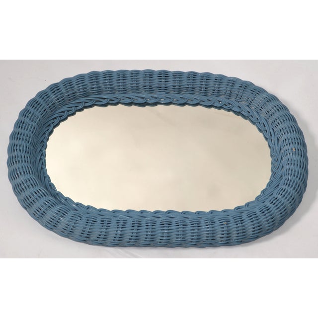 1970s 1974 Blue Mid-Century Modern Oval Handwoven Rattan Pencil Reed Wall Mirror For Sale - Image 5 of 12