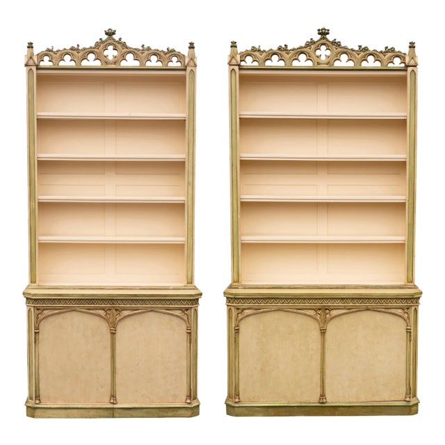 Gothic Revival Painted Bookcases Of Slightly Different Proportions - a Pair For Sale