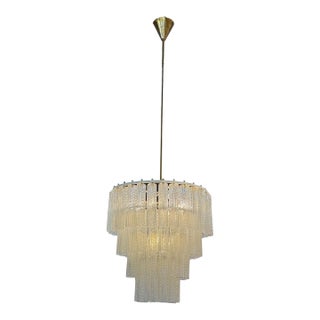 1970s Tiered Textured Murano Glass and Brass Chandelier For Sale