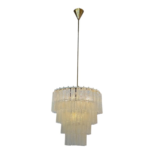 1970s Tiered Textured Murano Glass and Brass Chandelier For Sale