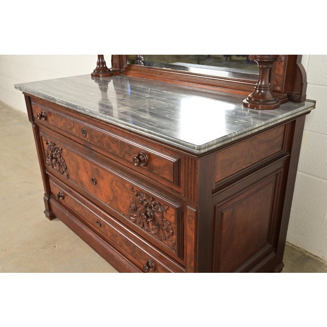 Bernheimer Collection Antique Monumental Eastlake Victorian Burled Walnut and Marble Top Vanity or Dressing Table With Mirror, Circa 1880s For Sale - Image 10 of 18