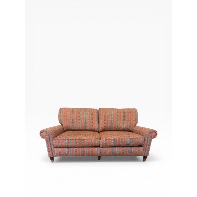 1990s Hancock & Moore Upholstered Sofa With Casters – Custom Patterned Fabric, 74” For Sale In Boston - Image 6 of 9