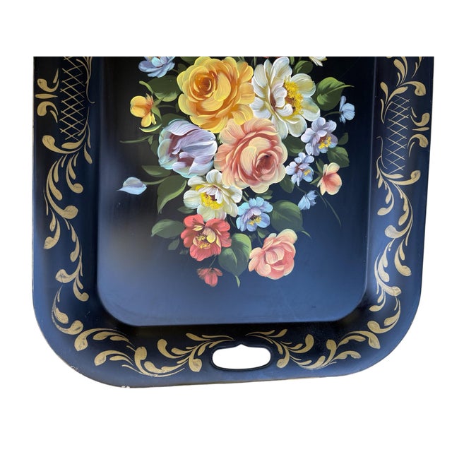 Vintage Mid Century Rectangle Shape Hand Painted Floral & Black Tea Tray For Sale - Image 4 of 4