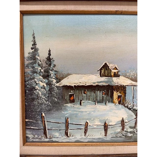 Vintage Signed Painting of Winter Landscape with Cabin, Framed For Sale - Image 4 of 8