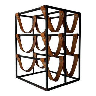 Mid Century Arthur Umanoff Iron and Leather Wine Rack For Sale