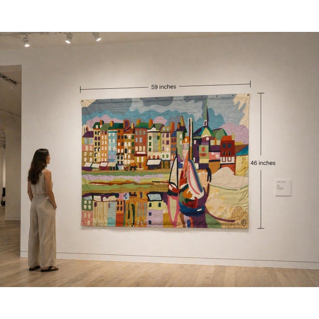 Signed Codina appliqué tapestry. Measures 59 W × 46 H in.