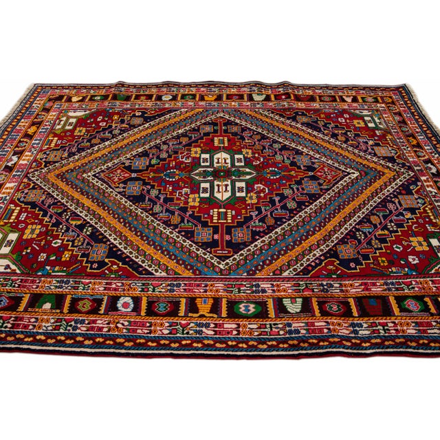 1960s Vintage Handmade Shiraz Red Geometric Wool Rug 6'8" X 9'11" For Sale - Image 5 of 12