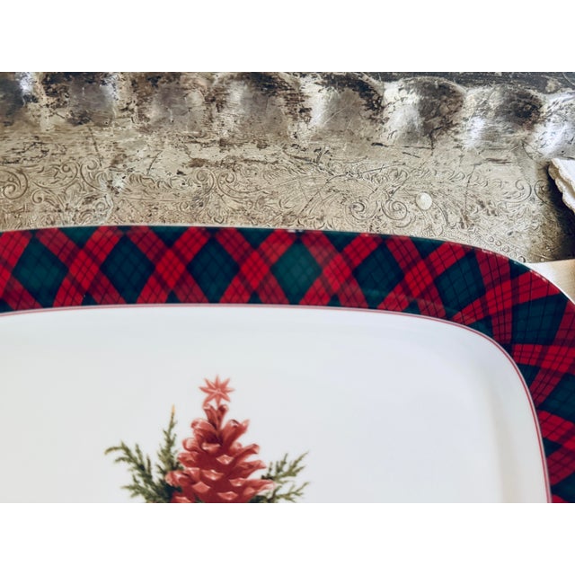Cabin Small Sasaki Tartan by Charles Roberta Holiday Serving Plate | Red Green Plaid Holiday Dish For Sale - Image 3 of 7