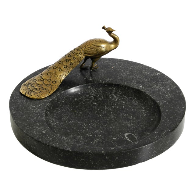 Large Black Granite Valet Tray with a Brass Peacock, 1920s For Sale