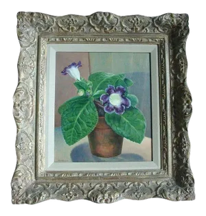 1930's American Still Life Oil Painting by Carl Buck - Gloxinia Flowering Plant in Terra Cotta Plant