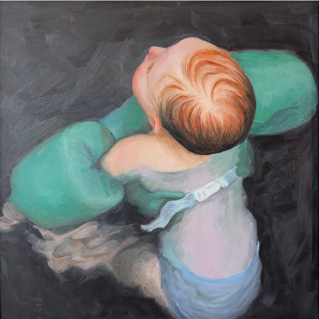 Figurative Adrift In The Tide by Fikriye Oz | Oil On Wood Painting of a baby in a green flotation device. For Sale - Image 3 of 3