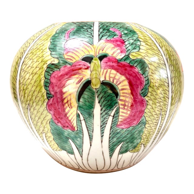 Antique Chinese Famille Verte Bok Choy Cabbage Leaf Butterfly Dragonfly Melon Jar Vase For Sale